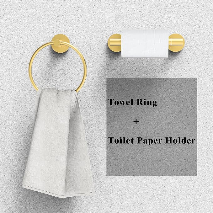 Gold Toilet Paper Holder & Towel Ring SUS304 Stainless Steel 2pc Bathroom - Image 2