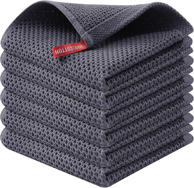 Kitinjoy 100% Cotton Kitchen Dish Cloths, 6 Pack Waffle Weave Ultra Soft by Kitinjoy