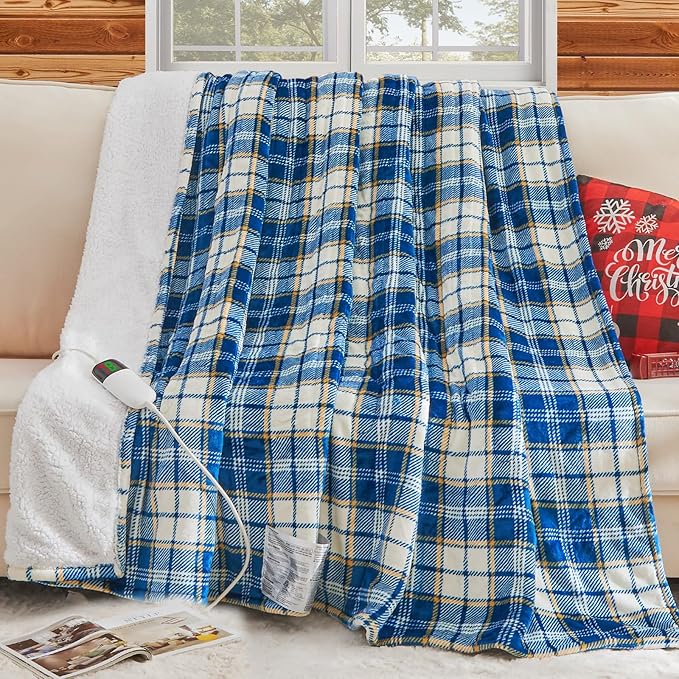 Heated Electric Blanket Full Size,72X84 Heating Blanket with 10 Heats Levels&8 Hours Auto Off&Timer,Green Plaid Soft Cozy Sherpa Blankets Warmer Gifts for Grandma Women Adult,Fast Heating Washable