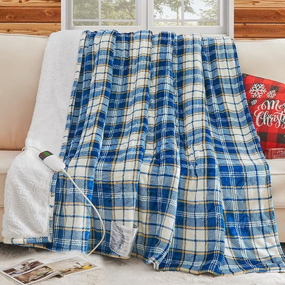 Heated Electric Blanket Full Size,72X84 Heating Blanket with 10 Heats Levels&8 Hours Auto Off&Timer,Green Plaid Soft Cozy Sherpa Blankets Warmer Gifts for Grandma Women Adult,Fast Heating Washable
