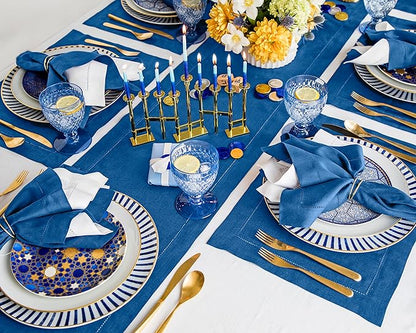 Solino Home Linen Indigo Blue Table Runner 90 Inches Long - 100% Pure Linen 14 x 90 Inch Table Runner for Christmas, Winter, New Year - Classic Hemstitch