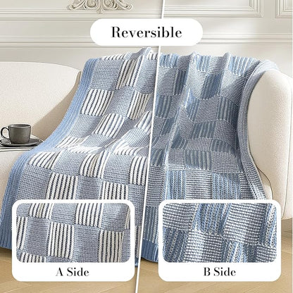 Amélie Home Checkered Knit Throw Blanket for Couch, Chenille Texture Decorative Soft Blanket for Sofa & Chair, 50"x60", Blue & White