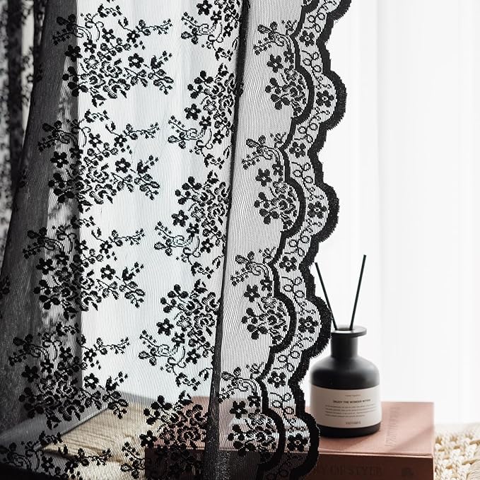 Anmao Vintage Lace Curtains 90 Inches Long 2 Panels Set, Romantic Elegant Light Filtering Semi Sheer Floral Thick Lacy Curtain Drapes for Living Room and Bedroom, Each Panel 55W x 90L, Black