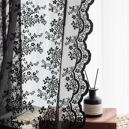 Anmao Vintage Lace Curtains 90 Inches Long 2 Panels Set, Romantic Elegant Light Filtering Semi Sheer Floral Thick Lacy Curtain Drapes for Living Room and Bedroom, Each Panel 55W x 90L, Black