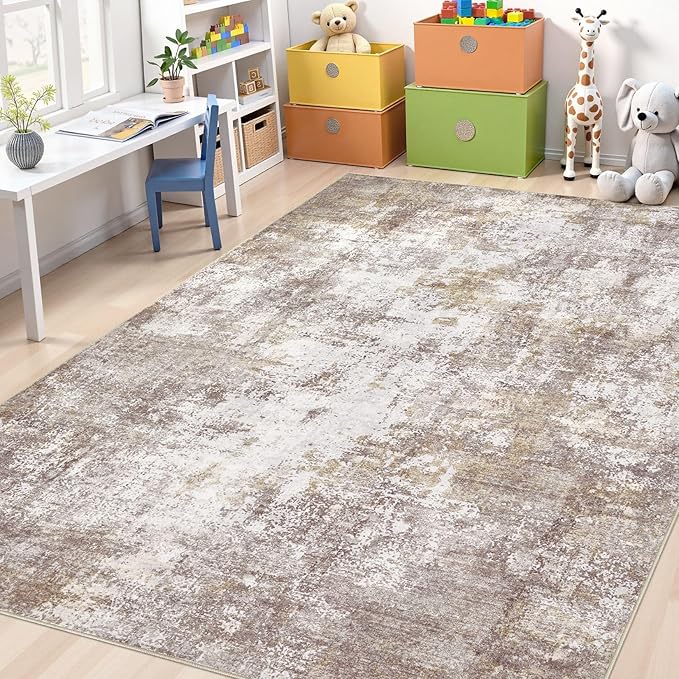 Washable 10X12 Area Rug: Modern Abstract Soft Non-Slip Indoor Rugs - Low Pile Stain Resistant Rug for Living Room Bedroom Dining Room Playroom Office(Golden Brown,10'x12')