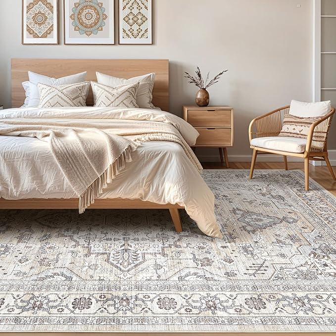 9x12 Area Rug Living Room: Washable Boho Large Neutral Vintage Soft Rugs Stain Resistant Farmhouse Non Slip Indoor Floor Carpet for Bedroom Nursery Kids Playroom Office Dining Room Home- Ivory Gray