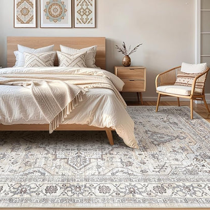 9x12 Area Rug Living Room: Washable Boho Large Neutral Vintage Soft Rugs Stain Resistant Farmhouse Non Slip Indoor Floor Carpet for Bedroom Nursery Kids Playroom Office Dining Room Home- Ivory Gray