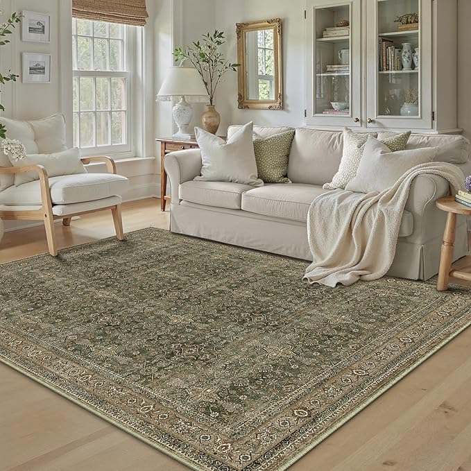 8x10 Area Rug for Living Room Green Brown Vintage Washable Bedroom Carpet Traditional Distressed Soft Non Slip Indoor Large Accent Rug Retro Thin Low Pile Floor Cover for Dining Room Playroom