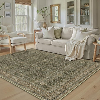 8x10 Area Rug for Living Room Green Brown Vintage Washable Bedroom Carpet Traditional Distressed Soft Non Slip Indoor Large Accent Rug Retro Thin Low Pile Floor Cover for Dining Room Playroom