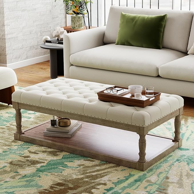 48" Large Ottoman with Storage Coffee Table, Upholstered Tufted Linen Ottoman by Unknown