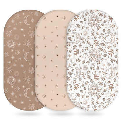 Baby Bassinet Sheets Girl Boy, Fitted Bassinet Sheet Set 3 Pack Bassinet Mattress Sheets Universal Fit for Rectangle, Round, Oval, Hourglass Mattress, Soft Breathable White Brown Sun God
