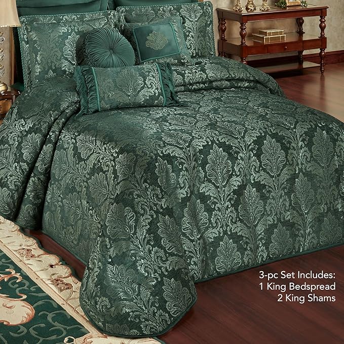 Touch of Class Camelot Luxury Bedding | Striking Emerald Green | Matte Satin Damask on Richly Textured Jacquard-Woven Chenille | Designed 3 Piece Set Includes King Bedspread and 2 King Shams