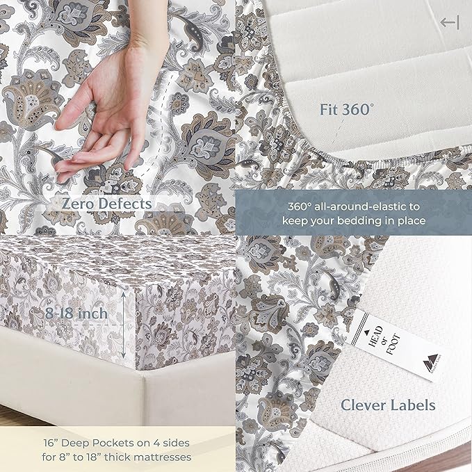 Mayfair Linen 100% Cotton Printed California King Cotton Sheets - 4 PC Cal King Size Bed Sheet Set Cotton (Floral Ivory), Soft, Cooling, Sateen Weave 16" Deep Pocket Bedsheet (Fits 18" Mattress)