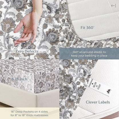 Mayfair Linen 100% Cotton Printed California King Cotton Sheets - 4 PC Cal King Size Bed Sheet Set Cotton (Floral Ivory), Soft, Cooling, Sateen Weave 16" Deep Pocket Bedsheet (Fits 18" Mattress)