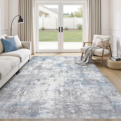 Washable 7x9 Area Rug: Modern Abstract Soft Non-Slip Indoor Rugs Home Decor - Low Pile Stain Resistant Carpet for Living Room Bedroom Dining Room Playroom Office(Blue Grey 7'x9')