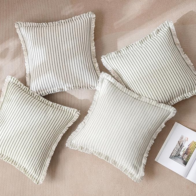 MIULEE Pack of 2 Sage Green Pillow Covers 26x26 Inch Striped Farmhouse Couch Throw Pillow Covers with Fringe Chic Linen Decorative Cushion Eruo Sham for Sofa Living Room Bed Outdoor Home Decor