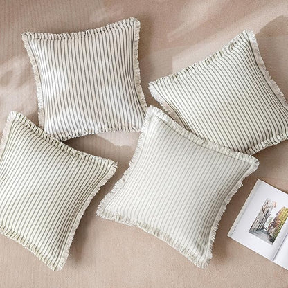 MIULEE Pack of 2 Sage Green Pillow Covers 26x26 Inch Striped Farmhouse Couch Throw Pillow Covers with Fringe Chic Linen Decorative Cushion Eruo Sham for Sofa Living Room Bed Outdoor Home Decor