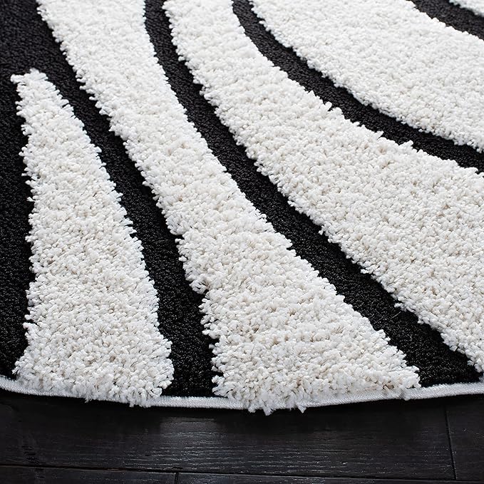 SAFAVIEH Florida Shag Collection 5' Round Ivory / Black SG471 Abstract Wave Non-Shedding Living Room Bedroom Dining Room Entryway Plush 1.2-inch Thick Area Rug