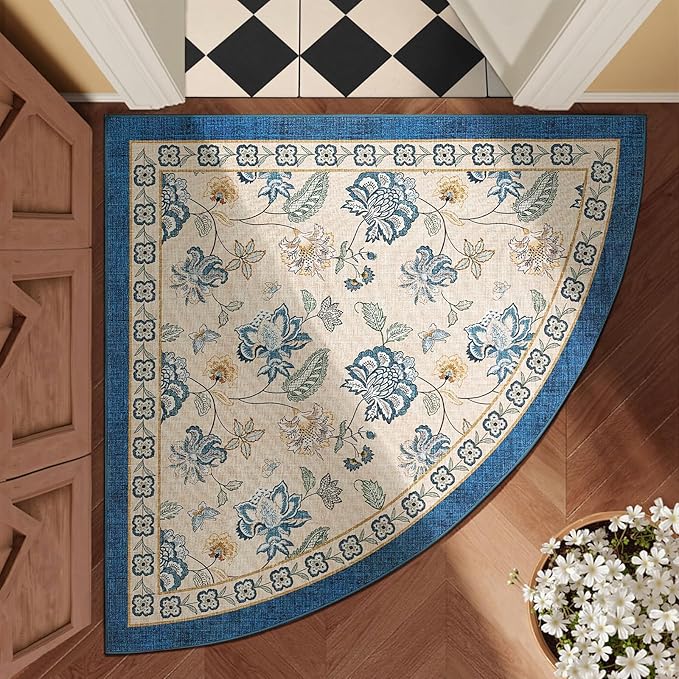 jinchan Elora Floral Corner Rug for Entryway Washable Rug Vintage Romance Design Non Slip Quarter Circle Lightweight Low-Pile Throw Carpet for Playroom Reading Nook Nursery, 4ft Radius, Blue/Beige