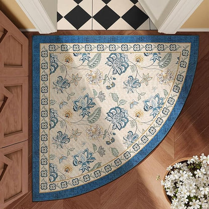 jinchan Elora Floral Corner Rug for Entryway Washable Rug Vintage Romance Design Non Slip Quarter Circle Lightweight Low-Pile Throw Carpet for Playroom Reading Nook Nursery, 4ft Radius, Blue/Beige