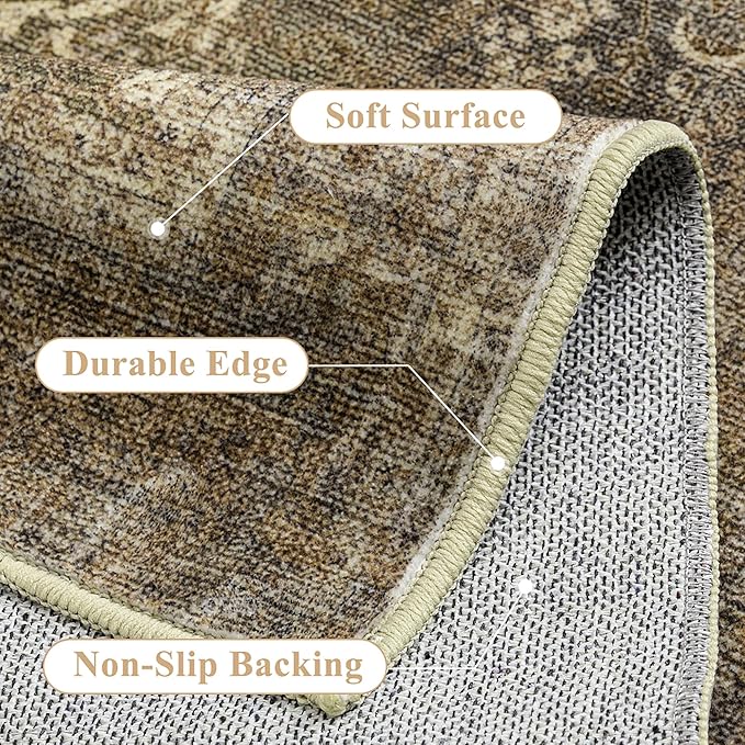 Vintage Area Rug 8x10 Washable Brown Living Room Carpet Large Indoor Non Slip Bedroom Low Pile Kitchen Distressed Retro Accent Throw Rug for Dining Room