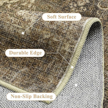 Vintage Area Rug 8x10 Washable Brown Living Room Carpet Large Indoor Non Slip Bedroom Low Pile Kitchen Distressed Retro Accent Throw Rug for Dining Room