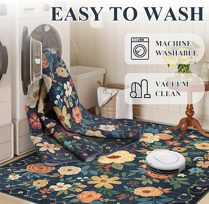 DUKINO Runner Rug, 2x10 Kitchen Hallway Carpet, Washable with Non-Slip Backing, Low Pile Soft Boho Floral for Entryway, Laundry, Bedroom, Dark Blue