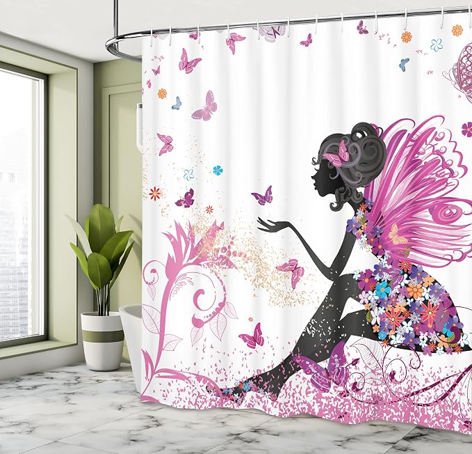 Ambesonne Fantasy Shower Curtain, Spring Girl Wings in a Floral Dress Surreal - Image 4