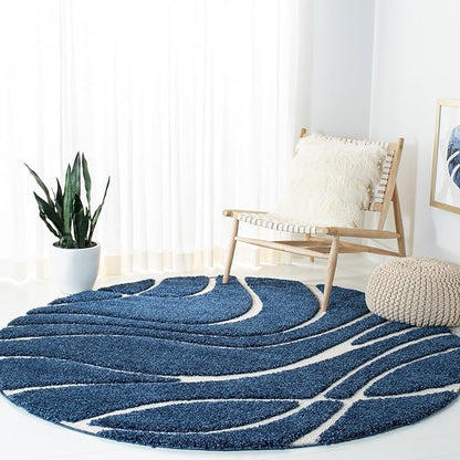 SAFAVIEH Florida Shag Collection Area Rug - 6'7" Round, Navy & Ivory, Non-Shedding & Easy Care, 1.2-inch Thick Ideal for High Traffic Areas in Living Room, Bedroom (SG471-6512)