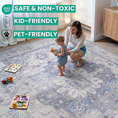 Bloom Rugs Washable Non-Slip 12 ft Runner - Blue/Sand Traditional Medallion Runner for Entryway, Hallway, Bathroom, and Kitchen - Exact Size: 2.5' x 12'