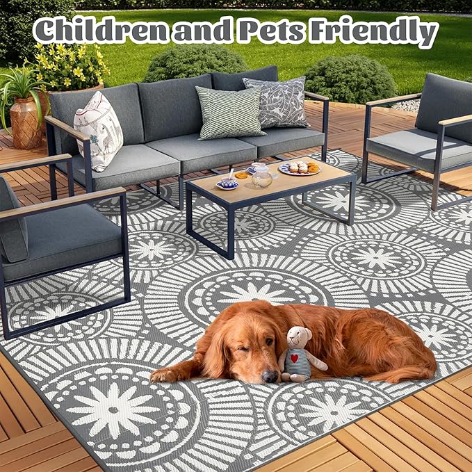 Ileading Outdoor Plastic Straw Rug 8x10ft Modern Geometric Style Reversible Patio Area Rugs Waterproof Non Shedding Portable Carpets for Rv Outside Deck Pool Beach Picnic Camping (Grey)
