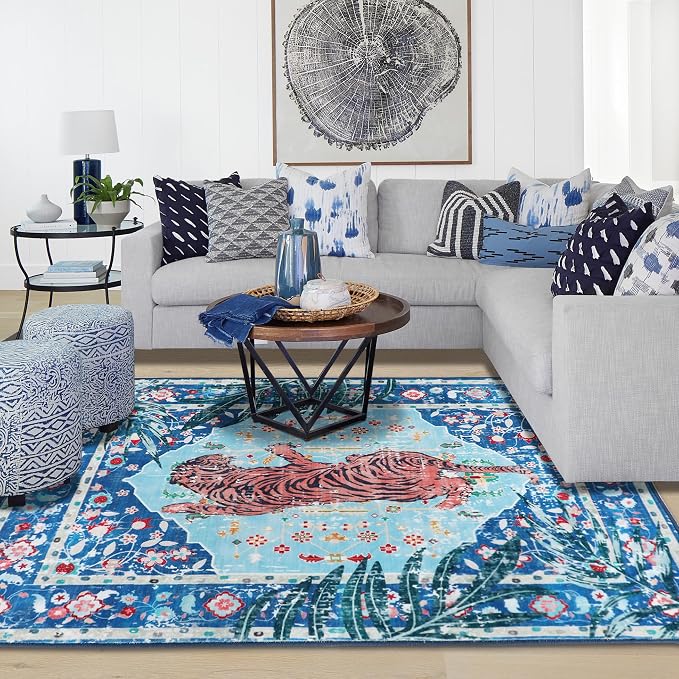 Blue Cheetah Rug 10x8 FT Boho Leopard Vintage Tropical Jungle Animal Rug - Image 5