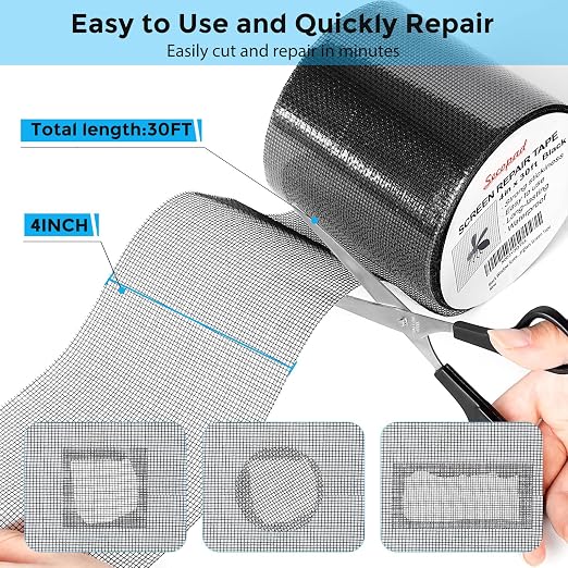 Black Window Screen Repair Kit, 4 in X 30 FT Screen Repair Tape - Image 2