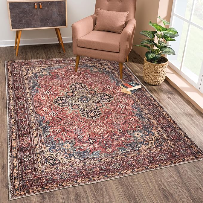 Bloom Rugs Washable Non-Slip 8' x 10' Rug - Red/Teal Blue/Yellow Traditional Medallion Area Rug for Living Room, Bedroom, Dining Room, and Kitchen - Exact Size: 8' x 10'