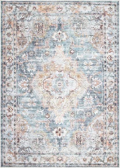 Bloom Rugs Washable Non-Slip 3' x 5' Rug - Teal/Peach Traditional Area Rug for Living Room, Bedroom, Dining Room, and Kitchen - Exact Size: 3' x 5'
