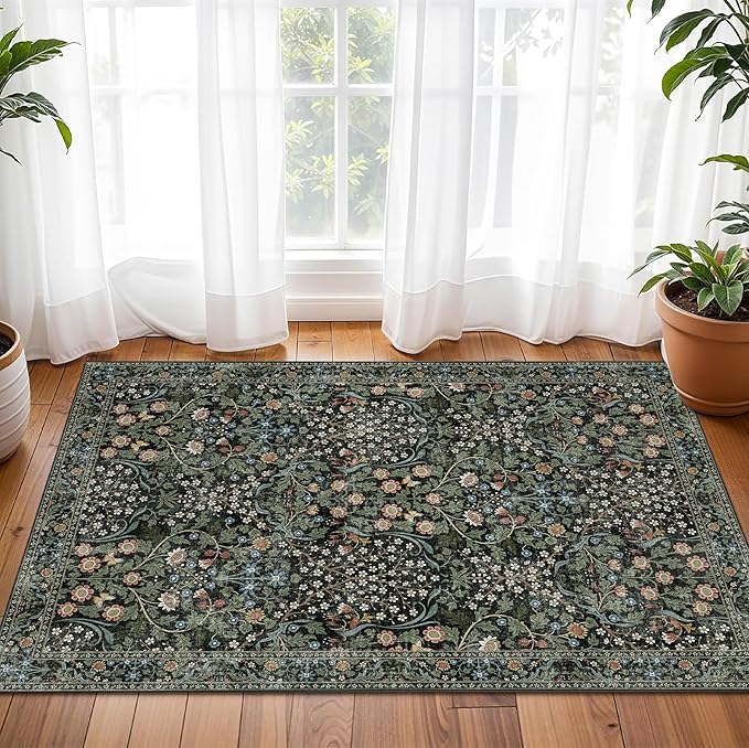 MUJOO 2x3 Washable Rug,Floral Small Area Rugs for Bathroom Entryway Entry Bedroom Bedside,Boho Front Door Mat Indoor Entrance Throw Carpet Botanical Vintage Non Slip Ultra-Thin Black and Green