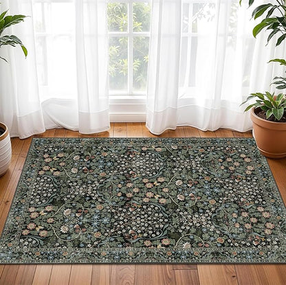MUJOO 2x3 Washable Rug,Floral Small Area Rugs for Bathroom Entryway Entry Bedroom Bedside,Boho Front Door Mat Indoor Entrance Throw Carpet Botanical Vintage Non Slip Ultra-Thin Black and Green