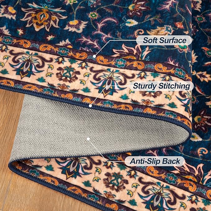 Tangspp Floral Washable Runner Rug, 2x5 Rug Runners for Hallways Non Slip, Vintage Boho Runner Rug for Entryway Indoor, Blue Print Carpet Runner, Soft Low Pile Runner for Kitchen Bedroom Navy Blue
