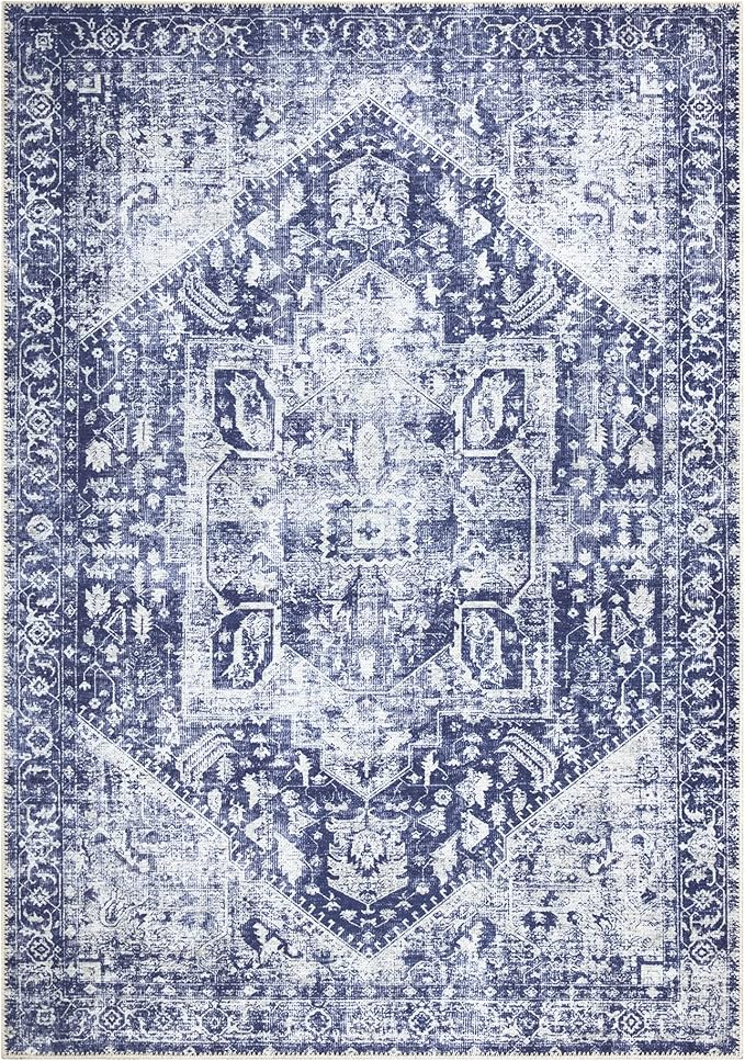 Bloom Rugs Washable Non-Slip 4' x 6' Rug - Blue/Ivory Traditional Area Rug for Living Room, Bedroom, Dining Room, and Kitchen - Exact Size: 4' x 6'