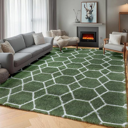 ONASAR Area Rugs for Bedroom Living Room, Washable 4x6 Fluffy Olive Green and White Throw Rug, Shaggy Geometric Floor Mat for Home Decor Aesthetic, Soft Plush Fuzzy Carpet for Nursery Kids Teen Dorm