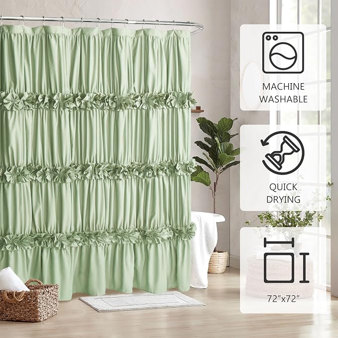 Sage Ruffle Shower Curtain, Vintage Handcrafted Bow Tie Bath Curtain - Image 4