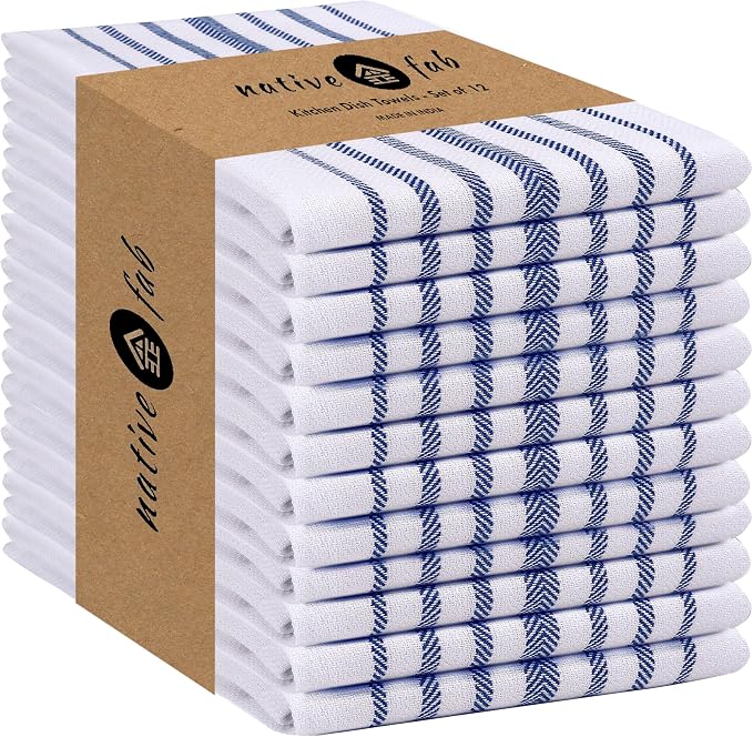 Native Fab Blue Kitchen Dish Towels 16"x26" Set of 12 Herringbone Weave by NativeFab
