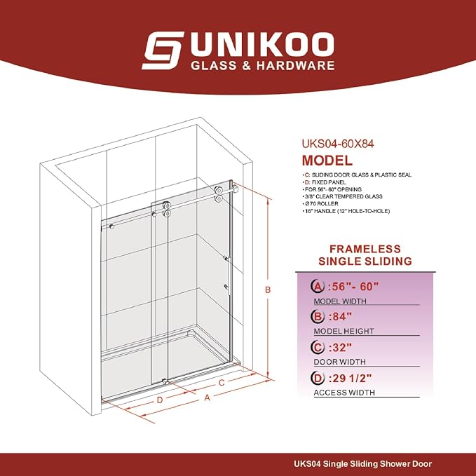 56-60 Inch x 84 Inch Sliding Frameless Shower Door, 3/8" Tempered Glass - Image 2