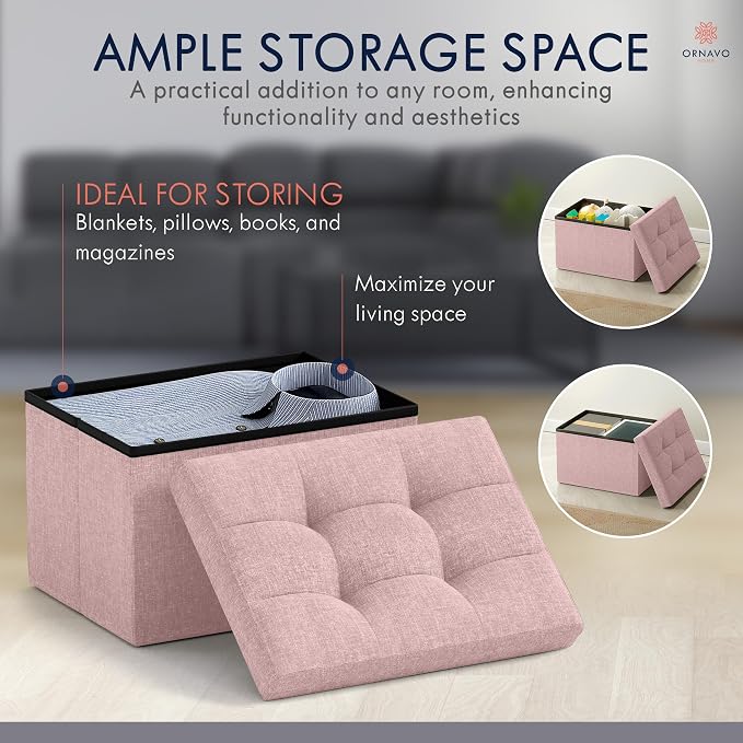 Ornavo Home Small Storage Ottoman Foldable Collapsible Rectangle Linen Ottoman - Image 3