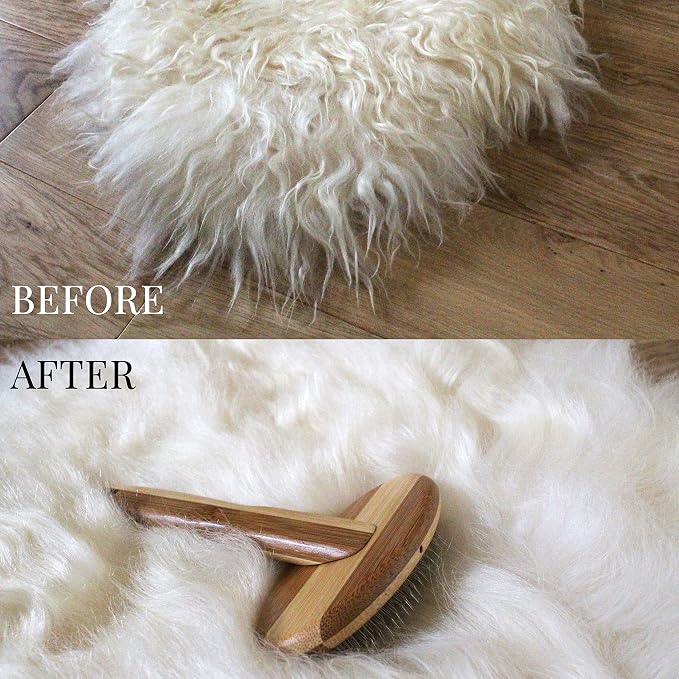 Sheepskin Brush Rug Wool Carpet Cleaner Bamboo Wire Slicker Carding, Unmats Fur - Image 7