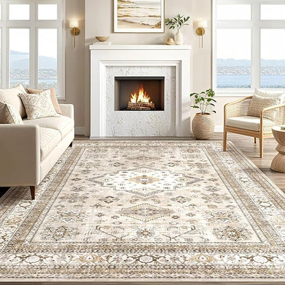 Vintage Living Room Area Rug 10x12 - Large Soft Washable Oriental Traditional Distressed Farmhouse Rugs for Bedroom - Indoor Floor Accent Carpet for Home Office House Decor - Beige