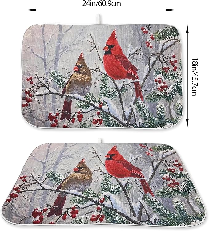 Christmas Dish Drying Mats 18x24 Inch Snow Red Bird Drying Mats Xmas Farmhouse - Image 2