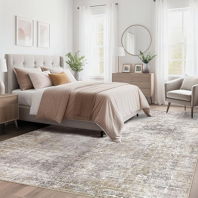 Abstract Living Room Rug 10x12 - Modern Washable Soft Thin Area Rug for Living Room Bedroom Under Dining Table - Neutral Indoor Floor Rug Carpets for Home Office Playroom Nursery - Brown Gold