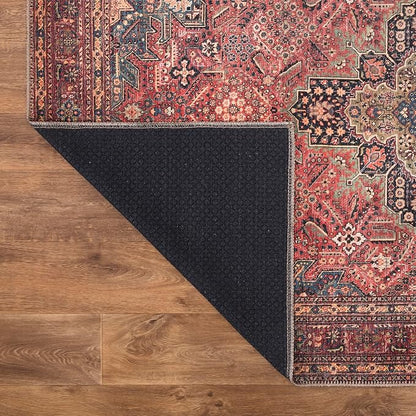 Bloom Rugs Washable Non-Slip 8' x 10' Rug - Red/Teal Blue/Yellow Traditional Medallion Area Rug for Living Room, Bedroom, Dining Room, and Kitchen - Exact Size: 8' x 10'