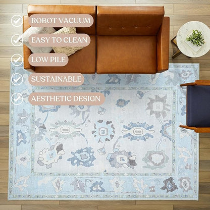 Fame Living Cream Blue Oushak Rug, Modern, Vintage, Turkish, Eclectic, Floral, Pastel, Washable, Extra Large Area Rugs for Living Room, Dining, Bedroom, Lounge, 9'x12'